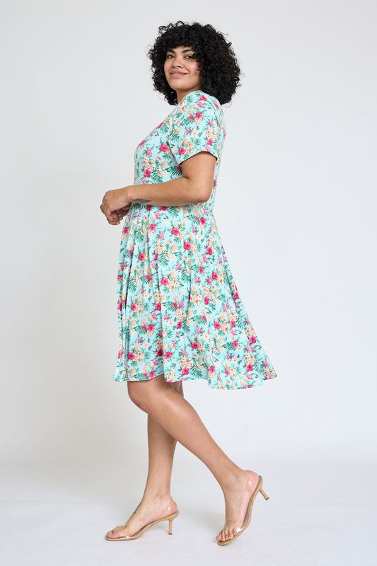 Plus Floral Short Sleeve Pleated Midi Dress