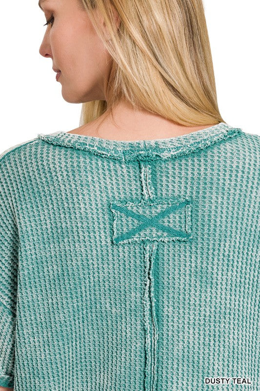 Zenana Washed Waffled Rolled Sleeve Shirt - Online Only