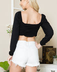 Shirred Puff Sleeve Crop Top — Textured Semi-Sheer Blouse