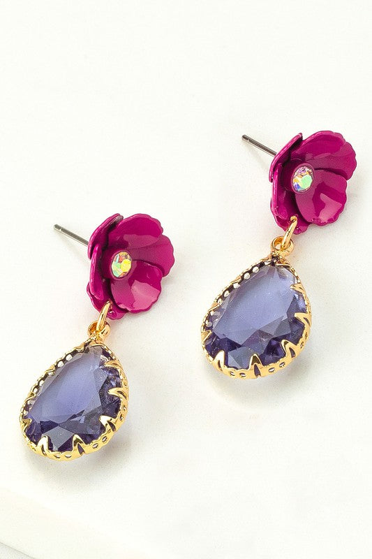 Fuchsia  flower stud earrings with gem stone drop - Online Only