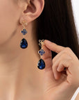 3 tier flower and royal blue linear drop earrings