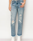 Artemis Vintage High Rise Distressed Straight with Fray Hem Jeans