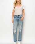 Artemis Vintage High Rise Distressed Straight with Fray Hem Jeans