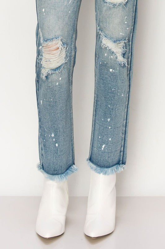 Artemis Vintage High Rise Distressed Straight with Fray Hem Jeans