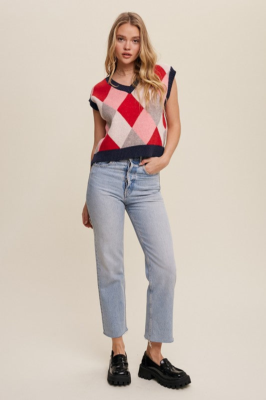 Listicle Argyle Cropped Sweater Vest