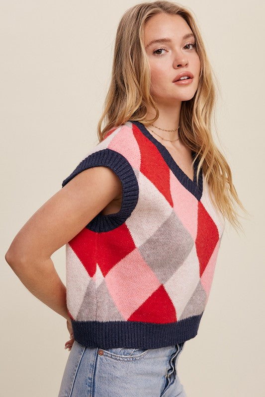 Listicle Argyle Cropped Sweater Vest - Online Only
