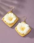 Straw Square Hoops with Fabric Flowers Earrings - Online Only