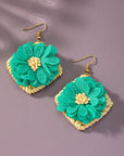 Straw Square Hoops with Fabric Flowers Earrings - Online Only