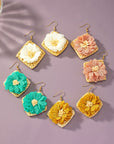 Straw Square Hoops with Fabric Flowers Earrings - Online Only