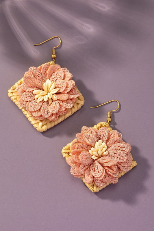 Straw Square Hoops with Fabric Flowers Earrings - Online Only