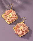 Straw Square Hoops with Fabric Flowers Earrings - Online Only