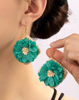 Straw Square Hoops with Fabric Flowers Earrings - Online Only