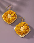 Straw Square Hoops with Fabric Flowers Earrings - Online Only