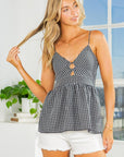 Smocked Back Gingham Peplum Top-3 Colors