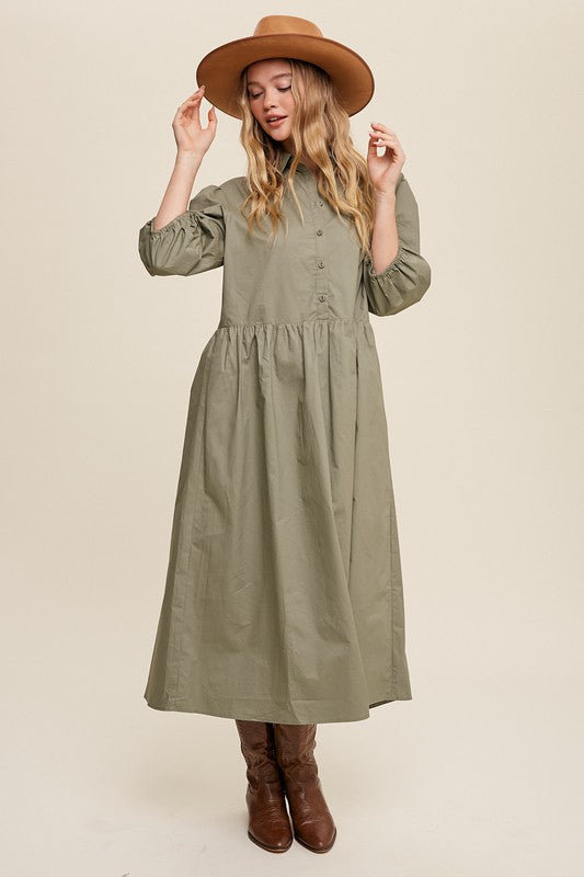 Listicle Button Front Puff Sleeve Babydoll Maxi Dress - Online Only