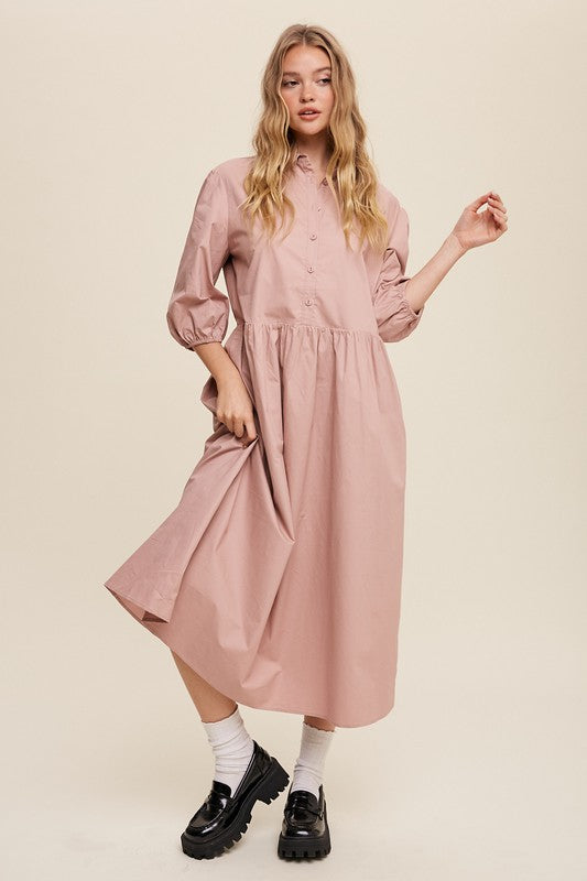 Listicle Button Front Puff Sleeve Babydoll Maxi Dress - Online Only