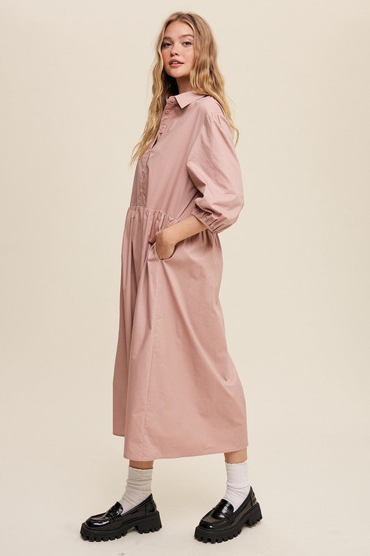 Listicle Button Front Puff Sleeve Babydoll Maxi Dress - Online Only