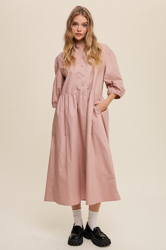 Listicle Button Front Puff Sleeve Babydoll Maxi Dress - Online Only