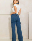 High Rise Crossed Waist Cargo Wide Jeans - Online Only