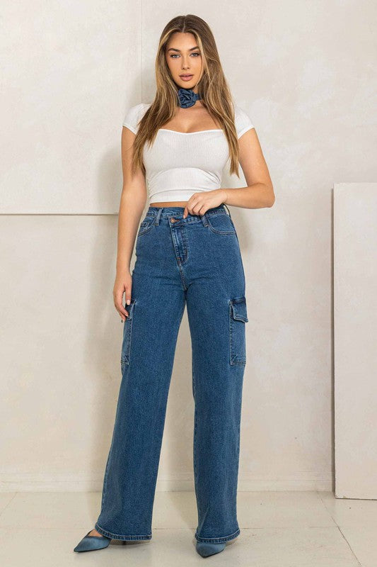 High Rise Crossed Waist Cargo Wide Jeans - Online Only