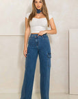 High Rise Crossed Waist Cargo Wide Jeans - Online Only