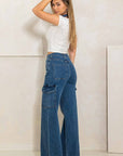 High Rise Crossed Waist Cargo Wide Jeans - Online Only