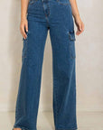 High Rise Crossed Waist Cargo Wide Jeans - Online Only