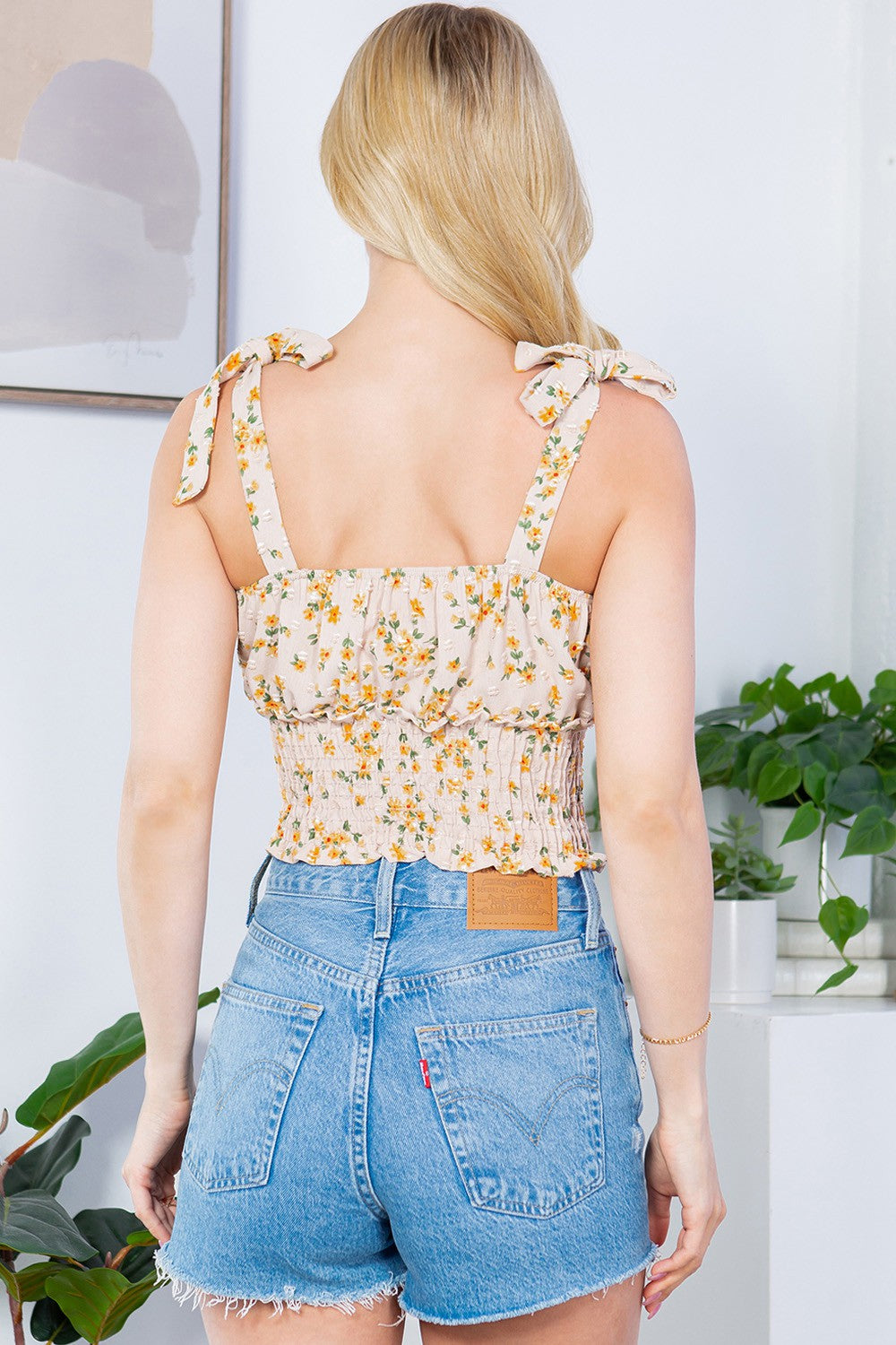 Floral Swiss Dot Smocked Crop Top — Sweetheart Tie Shoulder
