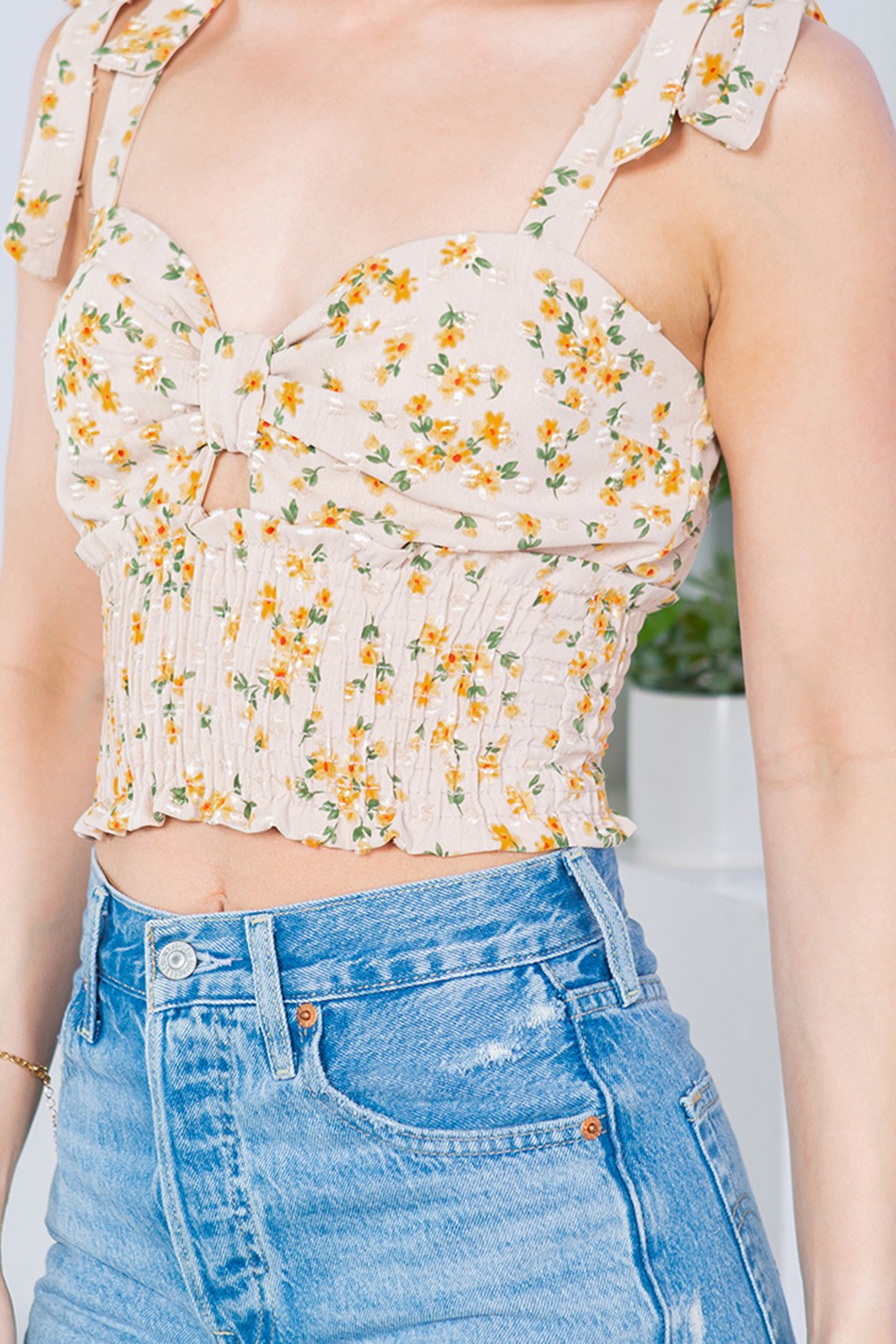 Floral Swiss Dot Smocked Crop Top — Sweetheart Tie Shoulder