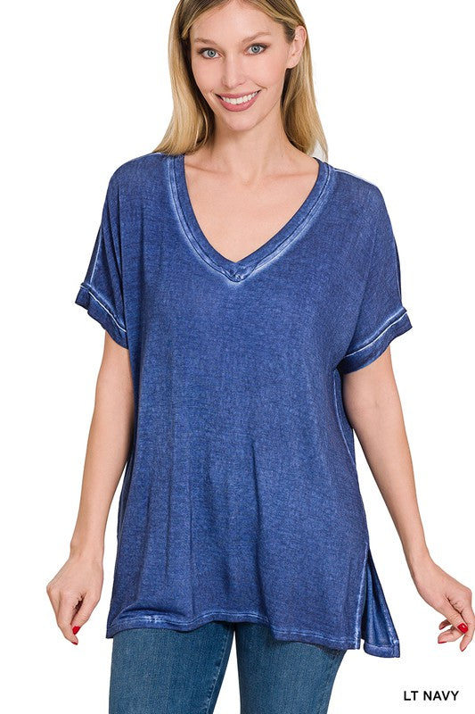 Zenana Washed Short Sleeve V-Neck