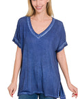 Zenana Washed Short Sleeve V-Neck - My Pampered Life Seattle