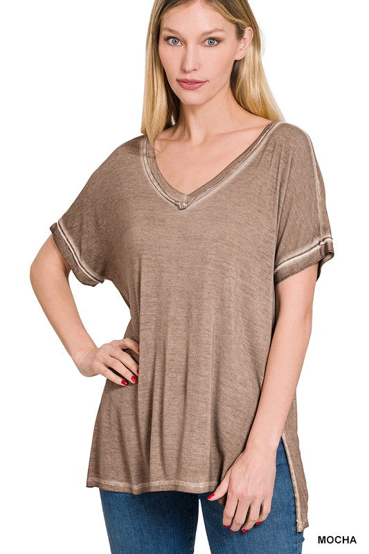 Zenana Washed Short Sleeve V-Neck