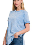 ZENANA F/Terry Acid Wash Short Cuff Sleeve Pullover