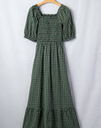 Plaid Shirred High Waist Square Neck Ruffle Hem Dress