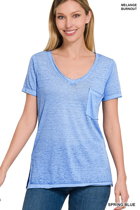 ZENANA Washed Melange Burnout Scoop V-Neck Top