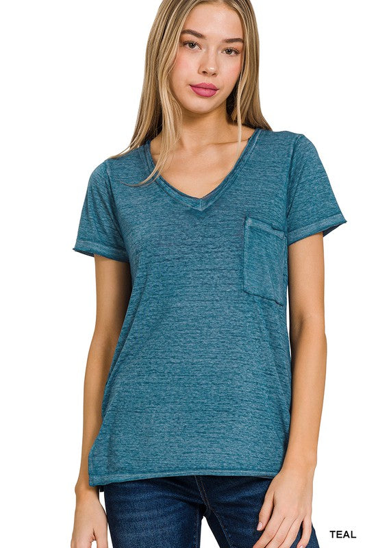 ZENANA Washed Melange Burnout Scoop V-Neck Top