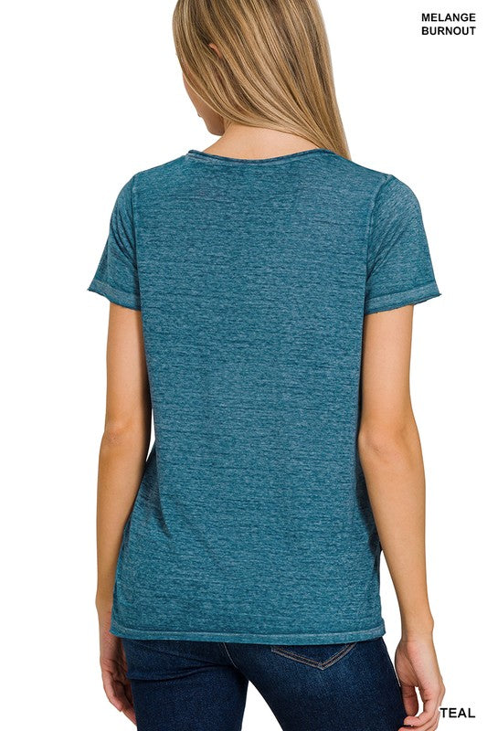 ZENANA Washed Melange Burnout Scoop V-Neck Top
