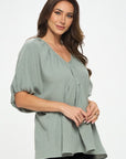 Renee C. Cotton V neck Puff Sleeve Tunic Top