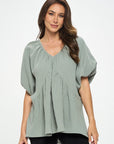 Renee C. Cotton V neck Puff Sleeve Tunic Top