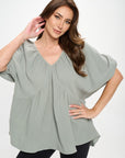 Renee C. Cotton V neck Puff Sleeve Tunic Top