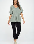 Renee C. Cotton V neck Puff Sleeve Tunic Top