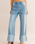 LE LIS High-Waisted Wide Leg Cuffed Jeans