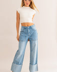 LE LIS High-Waisted Wide Leg Cuffed Jeans