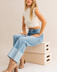 LE LIS High-Waisted Wide Leg Cuffed Jeans