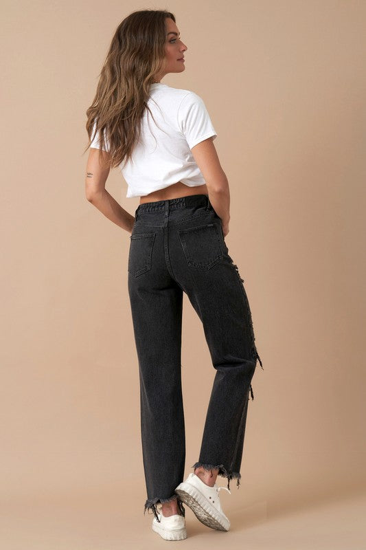 Denim Lab USA Frayed Flip Waist Straight Jeans