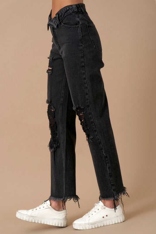 Denim Lab USA Frayed Flip Waist Straight Jeans