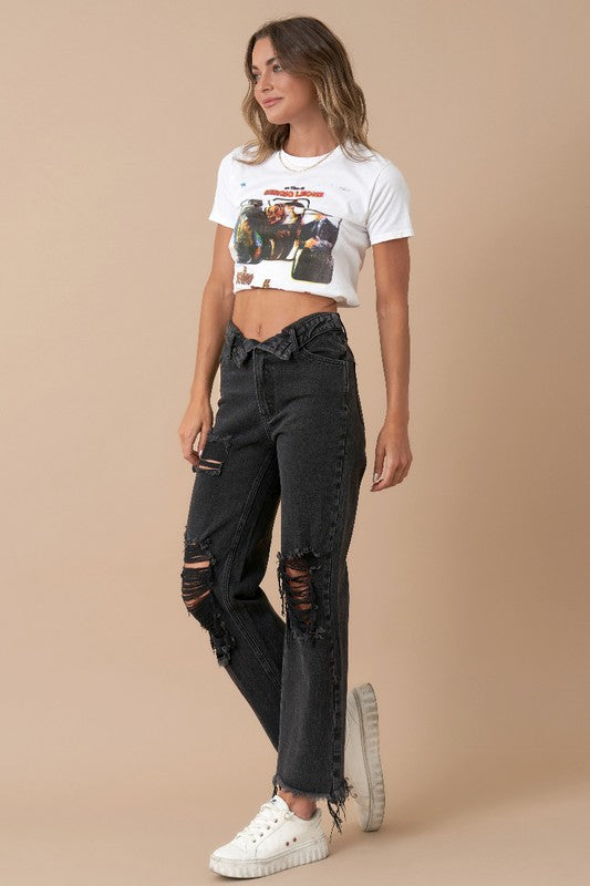 Denim Lab USA Frayed Flip Waist Straight Jeans