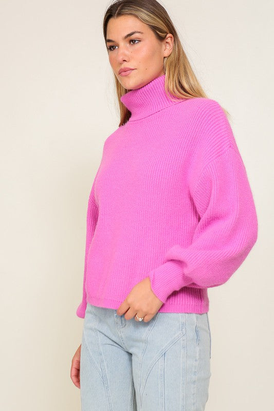 Rib Knitted Turtleneck Sweater with Bishop Sleeve