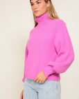 Rib Knitted Turtleneck Sweater with Bishop Sleeve