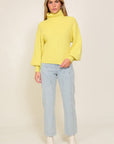 Rib Knitted Turtleneck Sweater with Bishop Sleeve